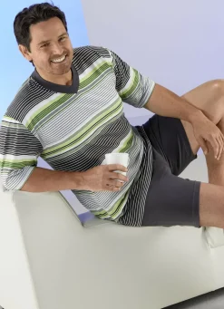 Herrenwäsche|Nachtwäsche>Shorty mit V-Ausschnitt und Ringeldessin GRAU-GRÜN