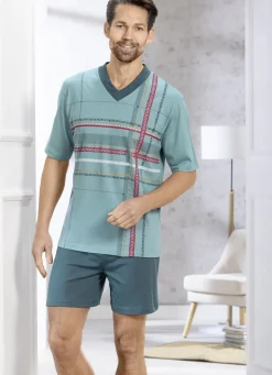 Herrenwäsche|Nachtwäsche>Shorty mit V-Ausschnitt und Druckmotiv PETROL-BUNT