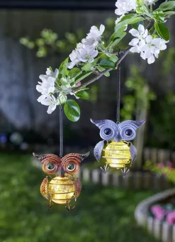 Gartendekoration|Gartenbeleuchtung>Solar-Eulen-Hänger, 2er-Set BUNT