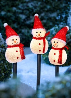 Außendekorationen>Solar-Stecker Schneemann, 3er-Set WEISS-ROT