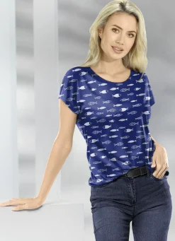 KLAUS MODELLE MADE IN GERMANY Shirts>Sommerliches Shirt mit Fische-Motiv MARINE-WEISS