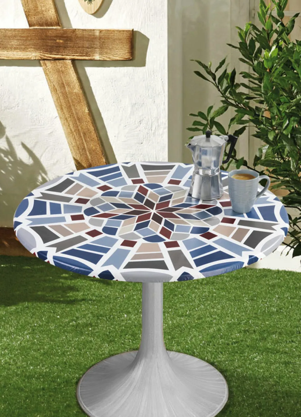 Gartentischdecken|Heimtextilien>Spann-Tischdecke mit Mosaik-Dessin BLAU