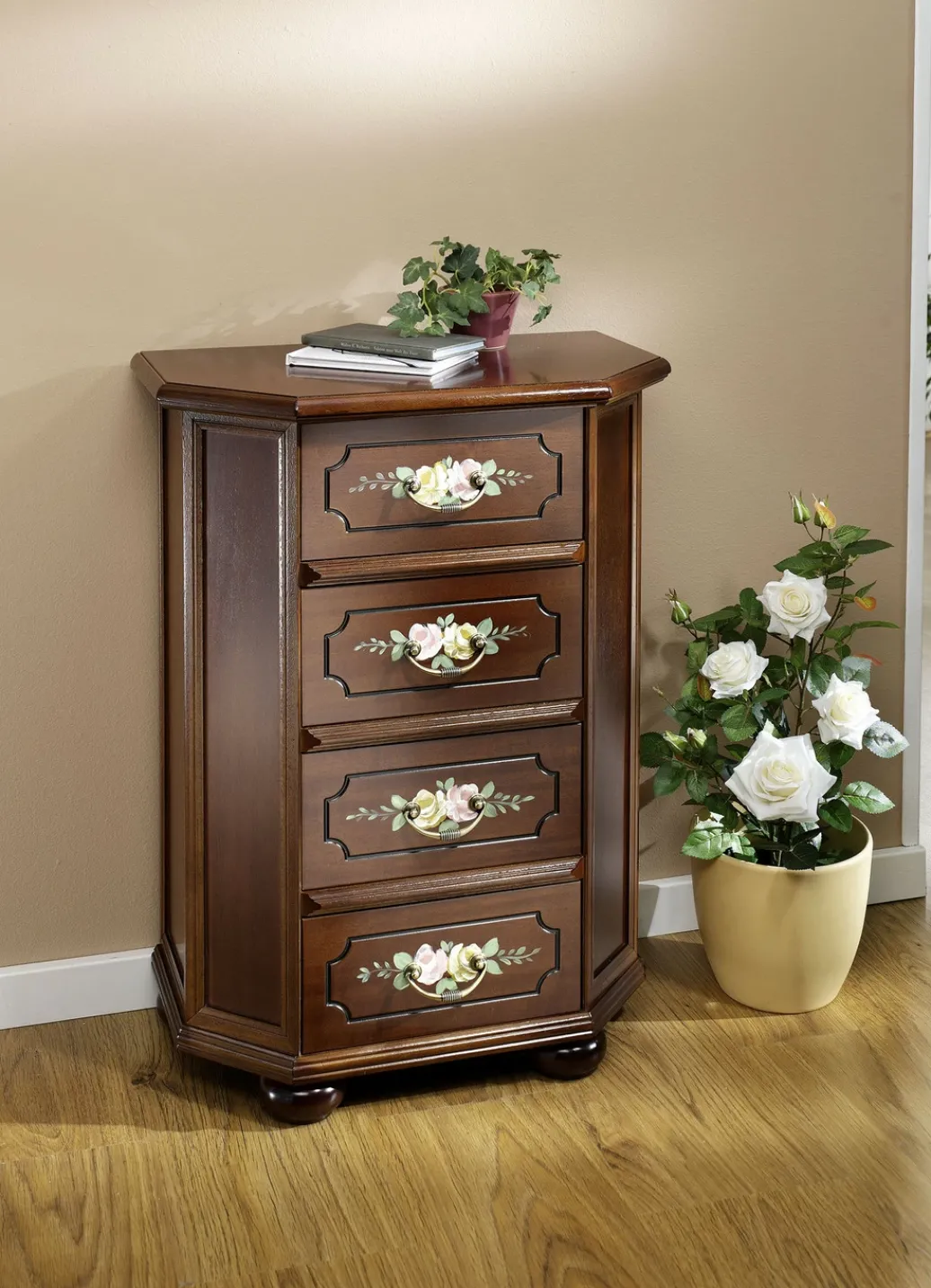 Möbel>Stilvolle Kommode mit handbemalter Blumendekoration NUSSBAUM