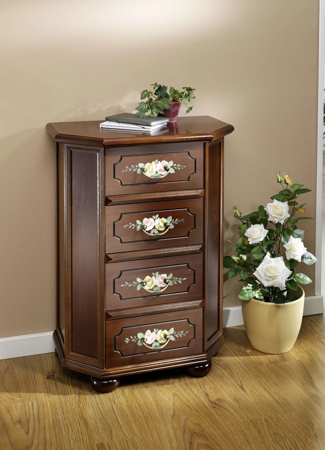 Möbel>Stilvolle Kommode mit handbemalter Blumendekoration NUSSBAUM