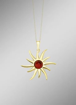 Damen-Edelsteinschmuck>Strahlender Sonnenanhänger mit echtem Bernstein