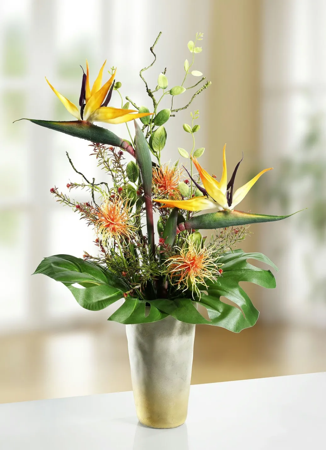 Dekoration>Strelitzien-Gesteck in Vase GRÜN