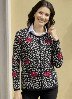 Pullover & Strickmode>Strickjacke in Jacquard-Dessin SCHWARZ-BEIGE-ROT