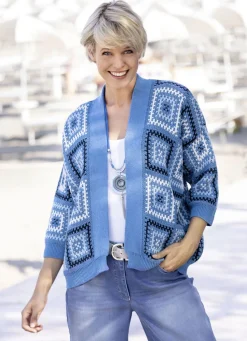 Pullover & Strickmode>Strickjacke in Jacquard-Dessin JEANSBLAU-WEISS-MULTICOLOR