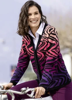 Pullover & Strickmode>Strickjacke in Jacquard-Dessin SCHWARZ-LILA-MULTICOLOR