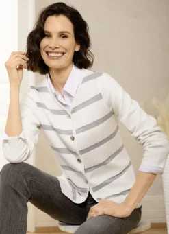 Pullover & Strickmode>Strickjacke in Milano-Rippe ECRU-HELLGRAU MELIERT