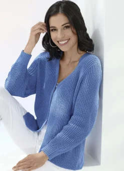 Pullover & Strickmode>Strickjacke in Perlfang JEANSBLAU