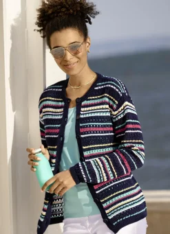 Pullover & Strickmode></noscript>Strickjacke in Ringeldessin MARINE-MULTICOLOR