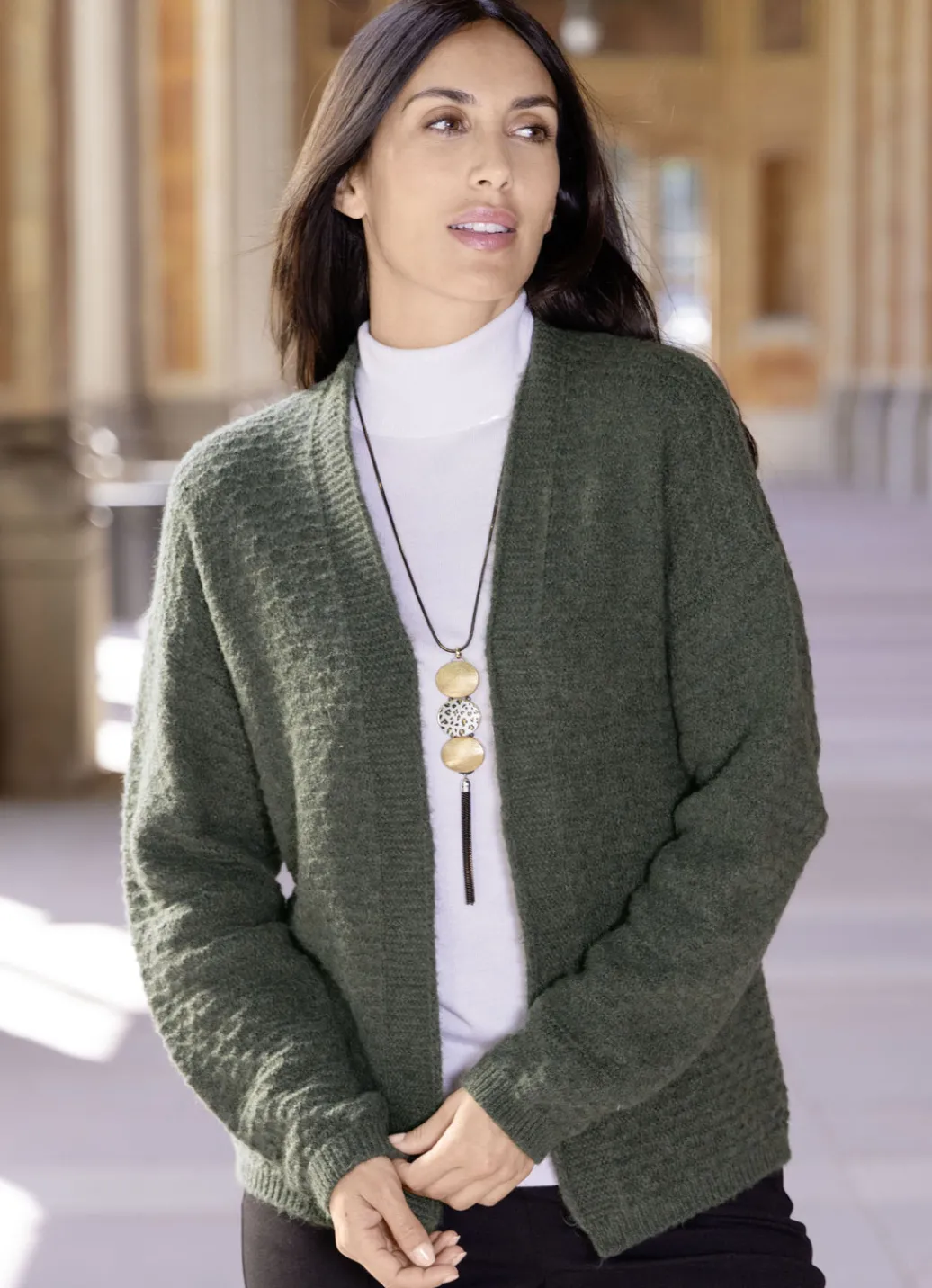 Laura Kent Pullover & Strickmode>Strickjacke mit Alloverstruktur KHAKI MELIERT