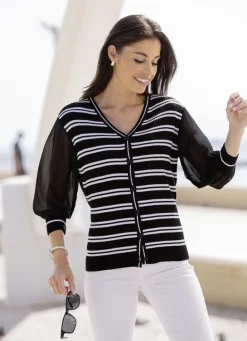 Abendmode|Pullover & Strickmode>Strickjacke mit feinen Chiffonärmeln SCHWARZ-WEISS