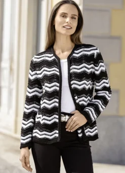 Pullover & Strickmode>Strickjacke mit geflochtener Blende SCHWARZ-WEISS-SILBERFARBEN