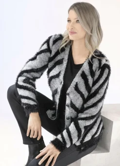 Pullover & Strickmode>Strickjacke mit haarigem Effektgarn GRAU MELIERT-SCHWARZ