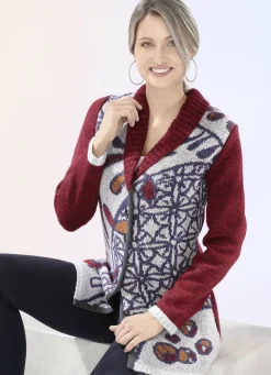 Pullover & Strickmode>Strickjacke mit platziertem Jacquard-Dessin WEINROT