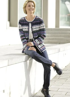 Pullover & Strickmode></noscript>Strickjacke mit Schurwolle JEANSBLAU-GRÜN-MULTICOLOR