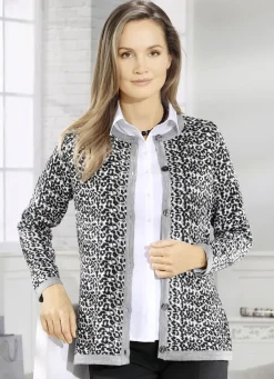 Pullover & Strickmode>Strickjacke mit Schurwolle GRAU MELIERT-SCHWARZ-WEISS