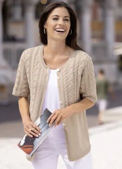 Pullover & Strickmode>Strickjacke mit Zopfdessin BEIGE