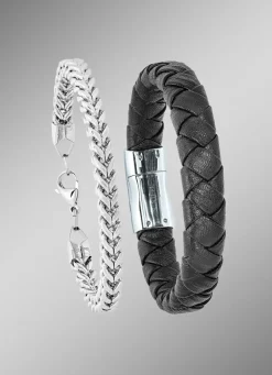 Herren-Modeschmuck>2-teiliges Armband-Set aus Edelstahl und Leder