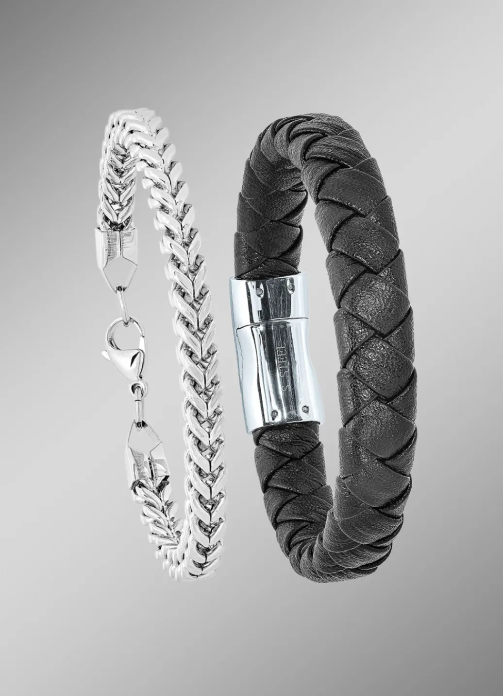 Herren-Modeschmuck>2-teiliges Armband-Set aus Edelstahl und Leder