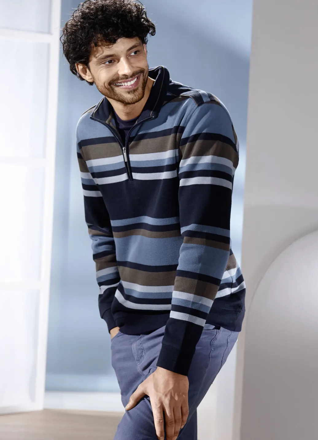 Shirts & Sweatshirts>Troyer mit kurzem Reißverschluss MARINE-JEANSBLAU GESTREIFT