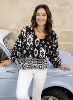 Blusen & Tuniken>Tunika mit Bordüren-Druck SCHWARZ-ECRU