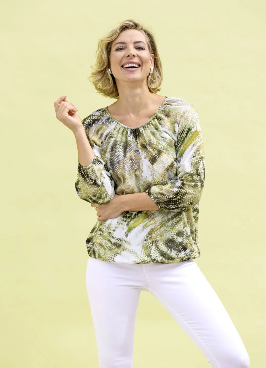 Laura Kent Blusen & Tuniken>Tunika mit dekorativer Fältelung ECRU-OLIV-OCKER-BUNT