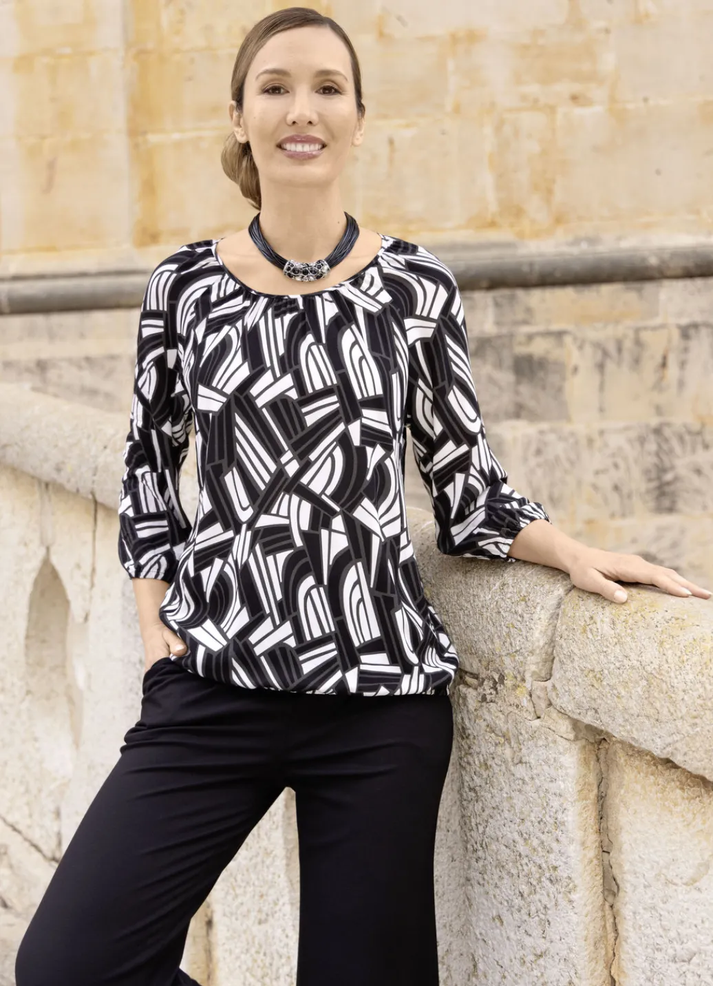 Blusen & Tuniken>Tunika mit elastischen Abschlüssen SCHWARZ-WEISS-GRAU