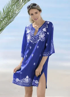 Bade- & Strandmode|Bade- & Strandmode>Tunika mit weißer Stickerei sowie Seitenschlitzen, reine Baumwolle