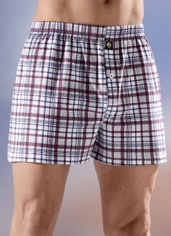 Wäsche|Herrenwäsche>Viererpack Boxershorts, kariert, knöpfbarer Eingriff 2x BORDEAUX-BUNT, 2X MARINE-BUNT