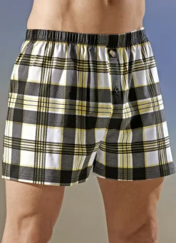Wäsche|Herrenwäsche>Viererpack Boxershorts mit knöpfbarem Eingriff 2X SCHWARZ-WEISS-GELB, 2X UNI SCHWARZ