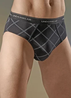 Wäsche|Herrenwäsche>Viererpack Slips mit Elastikbund 2X SCHWARZ KARIERT, 2X UNI SCHWARZ