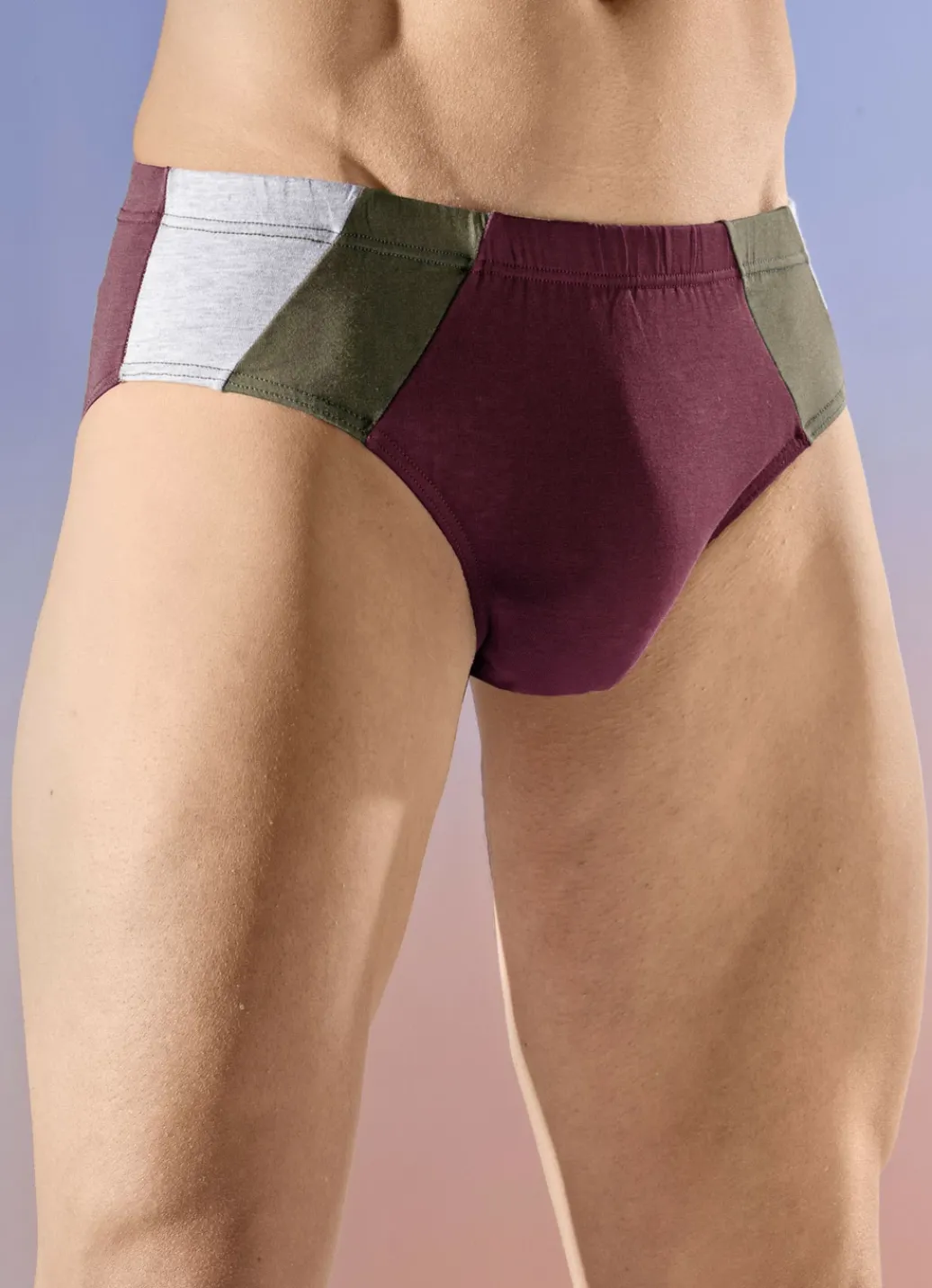 Wäsche|Herrenwäsche>Viererpack Slips mit farbigen Einsätzen 2X OLIV-BORDEAUX-GRAU MELIERT, 2X BORDEAUX-OLIV-GR