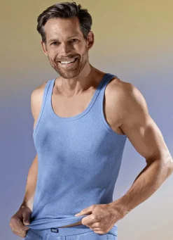 Herrenwäsche|Wäsche>Viererpack Sportjacken aus Feinripp, uni bunt 2X STEINGRAU MELIERT, 2X JEANSBLAU MELIERT