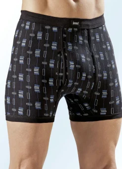 Herrenwäsche|Wäsche>Viererpack Unterhosen mit paspeliertem Eingriff, allover dessiniert 2X SCHWARZ-BUNT, 2X MARINE-BUNT