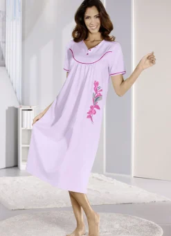 Nachtwäsche|Damenwäsche>Wadenlanges Nachthemd mit Knopfleiste und kurzen Ärmeln