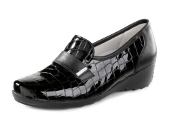 WALDLÄUFER Damenschuhe|Schuhe>Waldläufer Slipper aus krokogeprägtem Lackleder und Nappaleder SCHWARZ