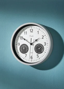 Dekoration>Wanduhr mit Thermometer und Hygrometer WEISS-GRAU