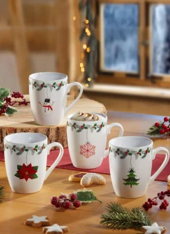 Porzellan|Weihnachtliche Geschenkideen>Weihnachtstassen aus Steingut, 4er-Set WEISS-BUNT