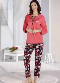 COMTESSA Nachtwäsche|Damenwäsche>Zweierpack Schlafanzüge, Kurz- und Langarm mit Knopfleiste KORALLE-SCHWARZ-BUNT