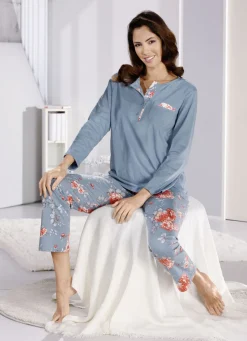 COMTESSA Nachtwäsche|Damenwäsche>Zweierpack Schlafanzüge mit langen Ärmeln und langer Hose 1X TAUBENBLAU-BUNT, 1X BUNT-TAUBENBLAU